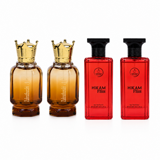 Three bottles of Zahirullah Hikam Flavour perfume shown on a white background: two amber glass bottles with gold crown-shaped caps and two red rectangular bottles with black caps.